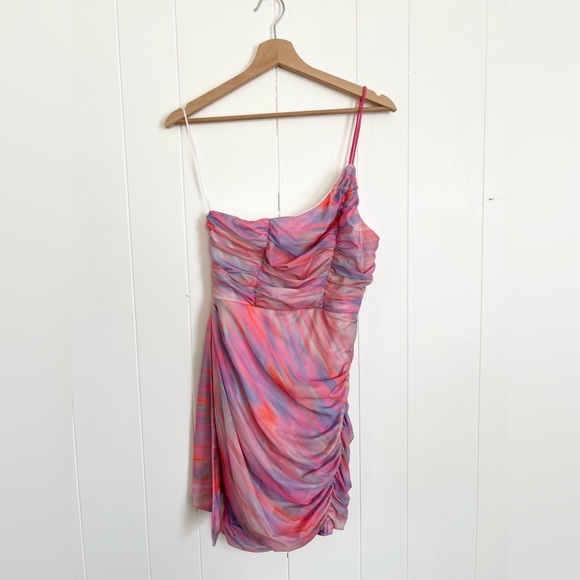 Hello Molly NWT “she’s out” pink one shoulder mini dress mesh purple swirl - Picture 4 of 8